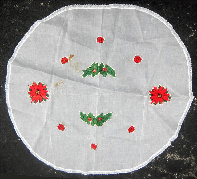 Vintage Mid Century Christmas Round Tablecloth Lace Edge Applique Holly Ivy