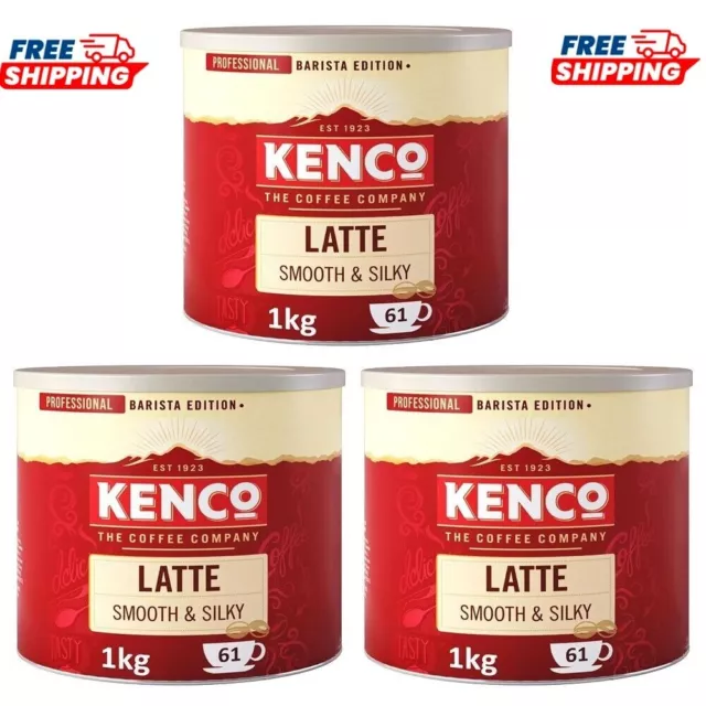 3 x 1Kg Kenco Latte Smooth & Silky Tins Instant Coffee Powder-total 183 Servings