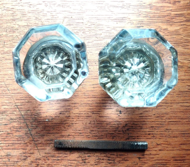 Two Antique 8-Sided Silver-Foil Glass & Brass 1920's Doorknobs Door Knobs   #47
