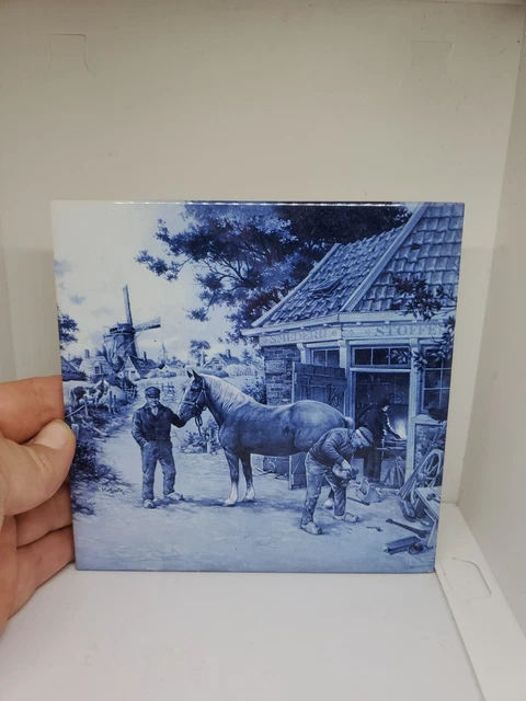1984 Vintage Delft Blue Tile Royal Mosa Holland 6x6 Horse Farrier Blacksmith