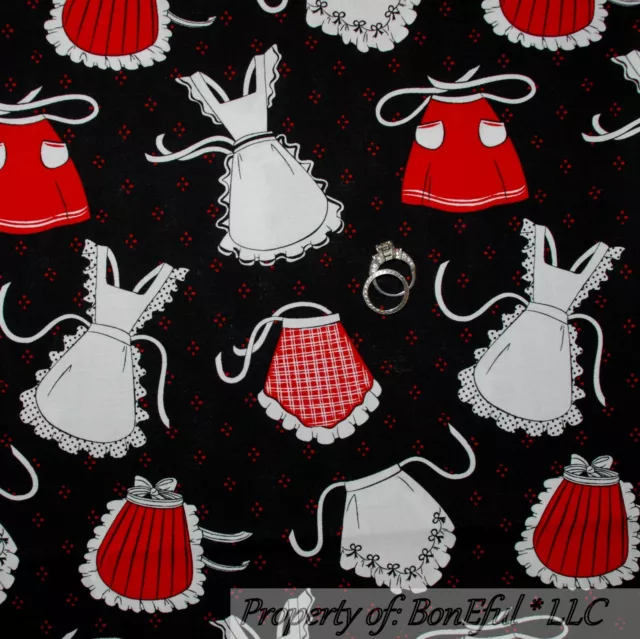 BonEful Fabric FQ Cotton Quilt VTG Black White B&W Red Kitchen Lady Apron Dot L