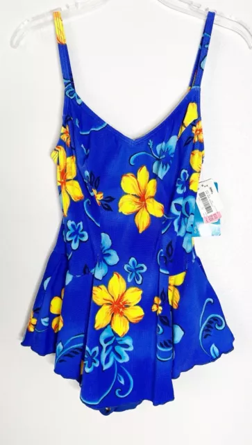 NWT Vintage 1990's Sessa One Piece Blue Floral  Swimsuit Swimdress Size 10