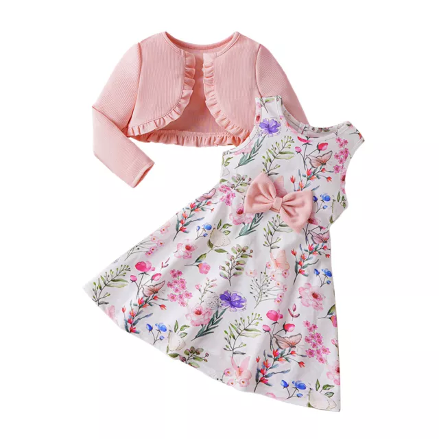 Kinder Mädchen Kleid Rüschenmantel Strickjacke Blumendruck Sonnenkleid Lässig