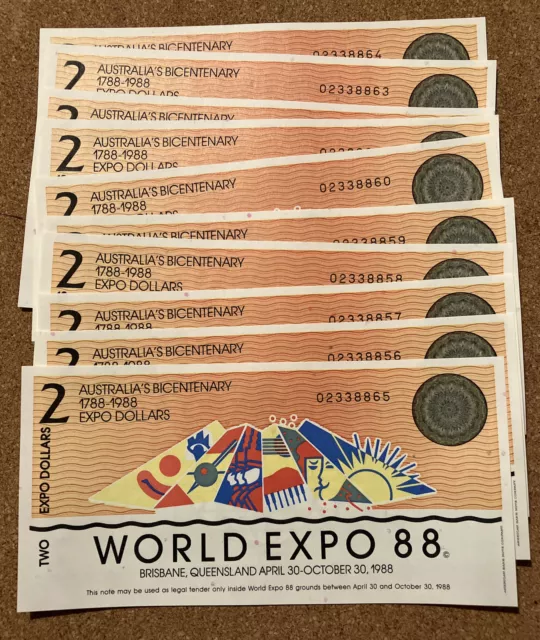 Lot Of 10 X Australia World Expo Banknote. 1988. Bicentenary Issue. 2 Dollars.