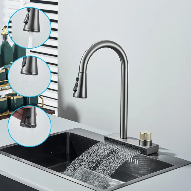 COMMERCIAL GREY KITCHEN Faucet Pull Down Sprayer Swivel Waterfall Sink