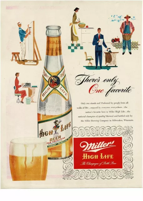 1950 MILLER High Life Beer secretary painter farmer housewife Vintage Print Ad