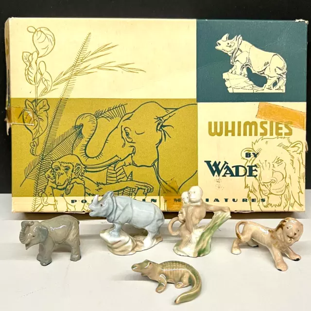 Wade Whimsie Set 5 African Jungle Animals Porcelain Figurines 1950s Original Box 2