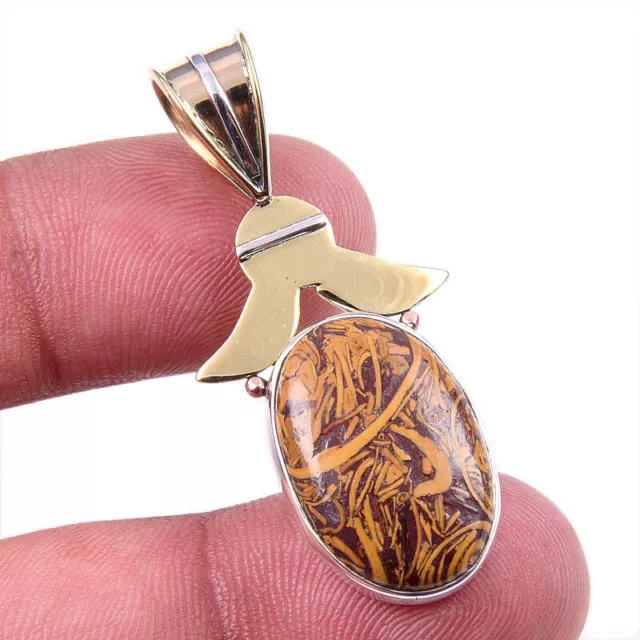 Natural Maryam Jasper 925 Solid Sterling Silver Gift TwoTone Pendant 1.75" q791