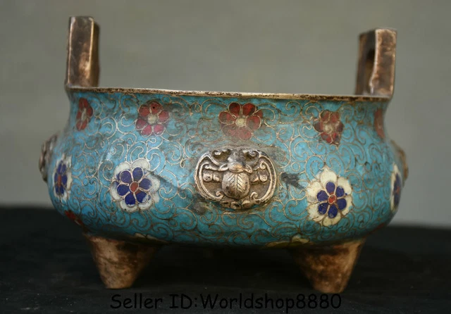 6" Qianlong Marked Old Chinese Cloisonne Enamel Silver Bat Incense Burner Censer