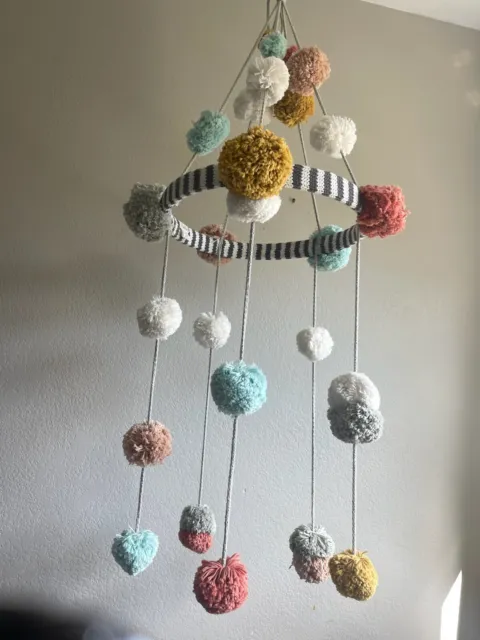 BlaBla Baby Crib PomPom Mobile Girls Nursery Handmade Knit $160