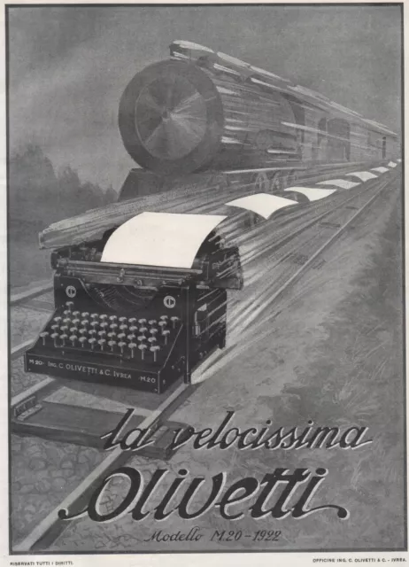 Pubb. 1922 Olivetti M20 Macchina Da Scrivere Velocissima Treno Locomotiva Corsa