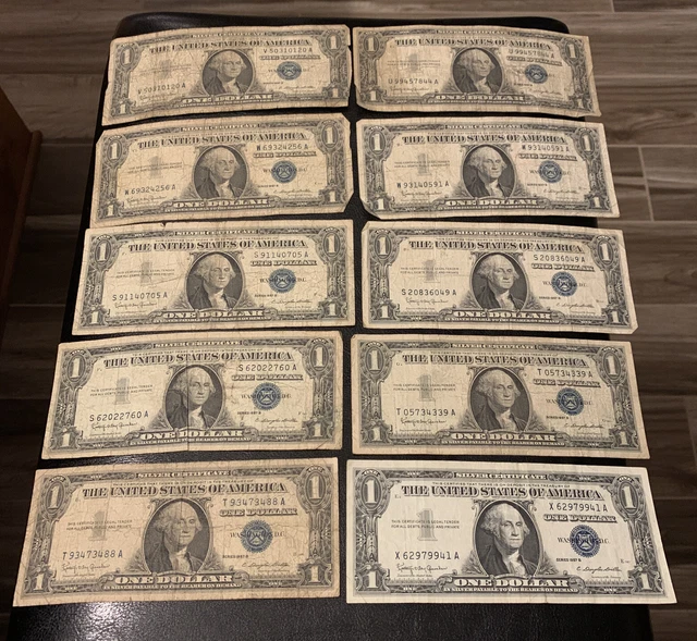 1957 B One Dollar ($1) Silver Certificate Blue Seal Circulated Lot of 10 Bills