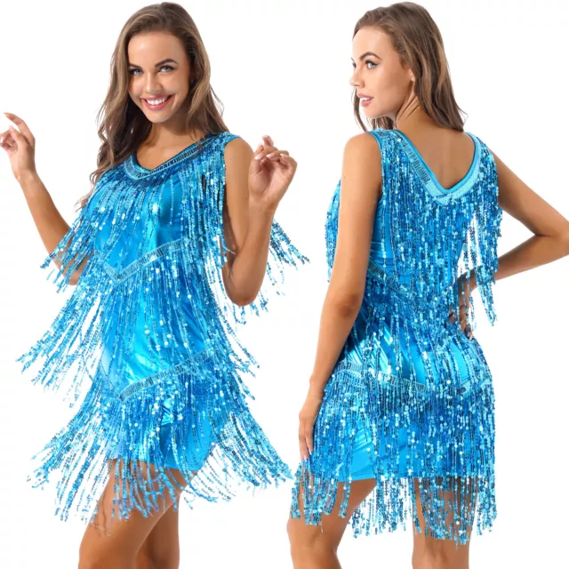 UK Womens Sequin Tassel Latin Ballet Dance Dress Ballroom Samba Flapper Costumes