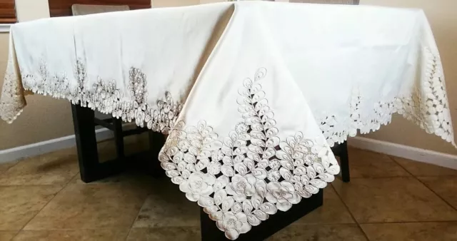 White Color Fabric 72x90" Embroidery Peacock Leaves Cutwork Tablecloth Napkins