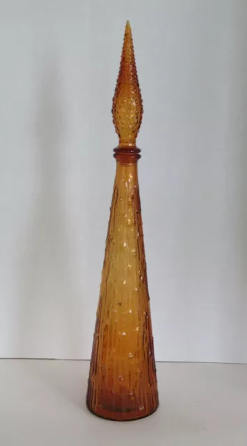 Vintage MCM 22.5” Empoli Amber Wax Drip Glass Genie Bottle Decanter w/ Stopper