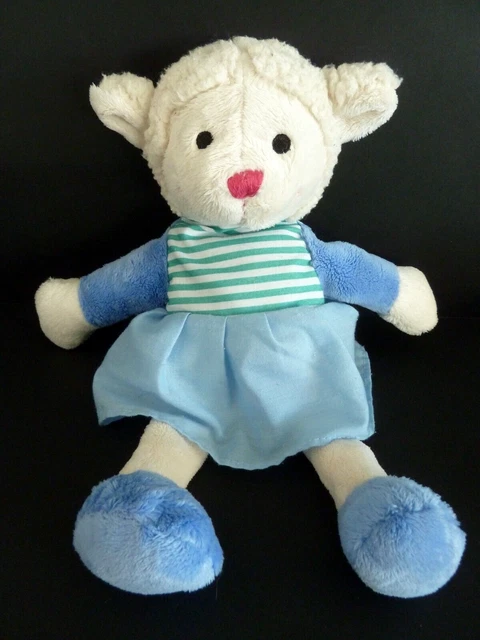 P4. DOUDOU PELUCHE BEST PRICE MOUTON robe bleu haut rayé vert blanc 30cm - TBE