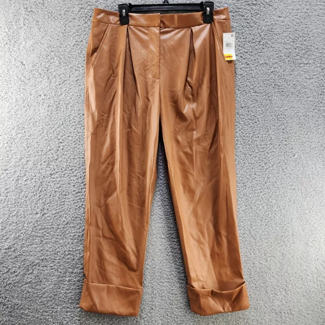 TRINA TURK Gilded Pants Women's 10 Nutmeg Brown Faux Leather Cropped Front Pleat