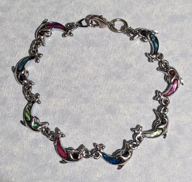 Silver Tone Rainbow Dolphins 7" Tennis Bracelet - Fashion Costume Jewelry