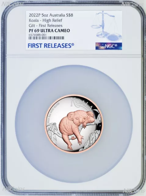 2022 Australia Pink Gold GILT HIGH RELIEF 5oz Silver Koala $8 Coin NGC PF69 FR