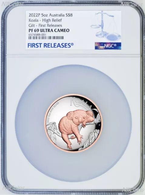 2022 Australia Pink Gold GILT HIGH RELIEF 5oz Silver Koala $8 Coin NGC PF69 FR 2022 Australia Pink Gold GILT HIGH RELIEF 5oz Silver Koala $8 Coin NGC PF69 FR