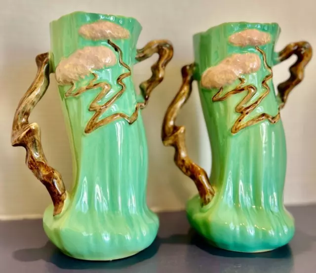 Pair of Vtg Roseville Pottery Ming Tree Vases 5828 Green Asian MCM USA 8 3/4"