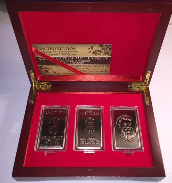 "NED KELLY" Set Of 3 x 1oz Ingots & Display Box Finished in 999 Antique Silver
