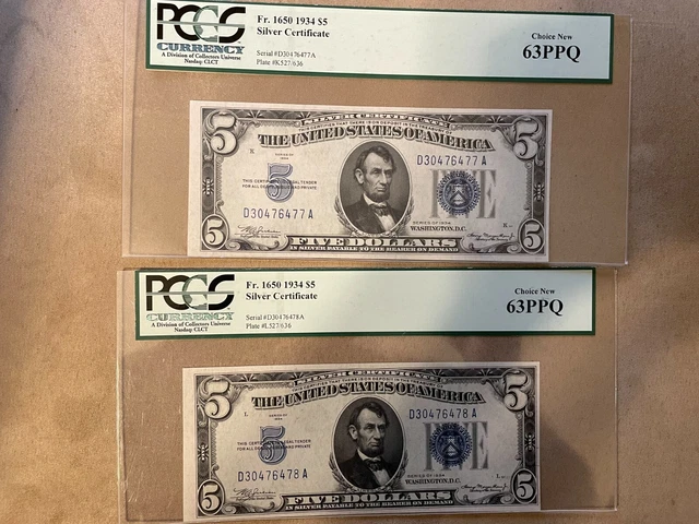 2 1934 $5 Dollar Silver Certificates Consecutive Serial numbers graded PCGS 63PP