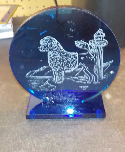 Portuguese Water Dog  hand engraved  signed glass orb on glass stand