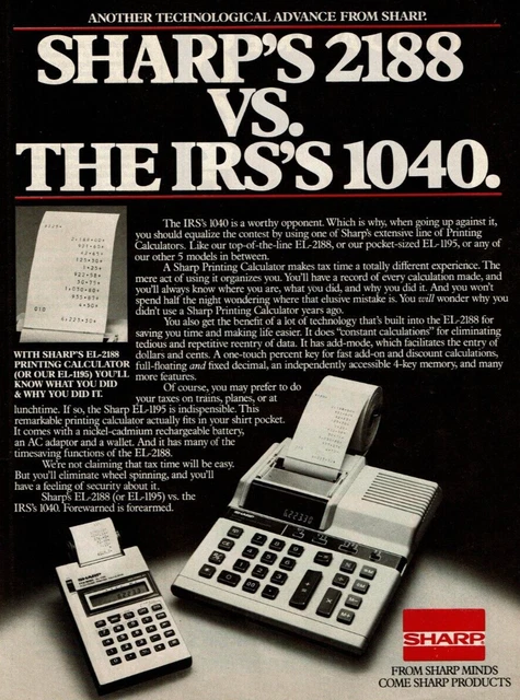 1982 Vintage Print Ad Sharp's EL-2188 VS. The IRS's 1040 Printing Calculators
