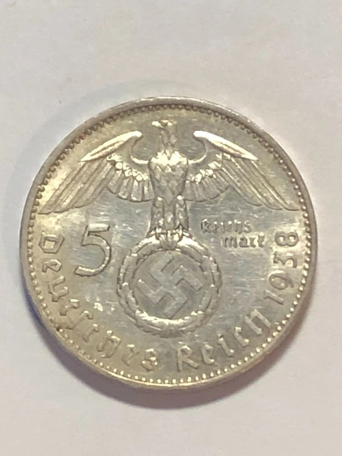 German coin 5 Reichsmark 1938 A Swastika Hindenburg 3rd Reich WW2 .900 silver