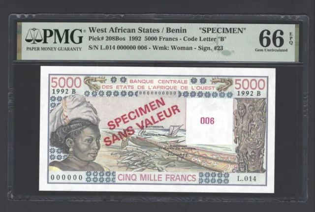 West African State /Benin 5000 Francs 1992 P208BS Specimen UNC Graded 66 Top Pop