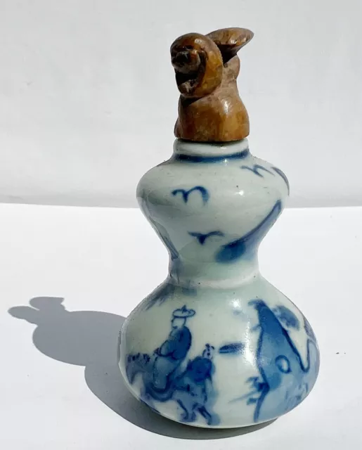Chinese Hand Painted Figural Motif Blue & White Snuff Bottle, Marked