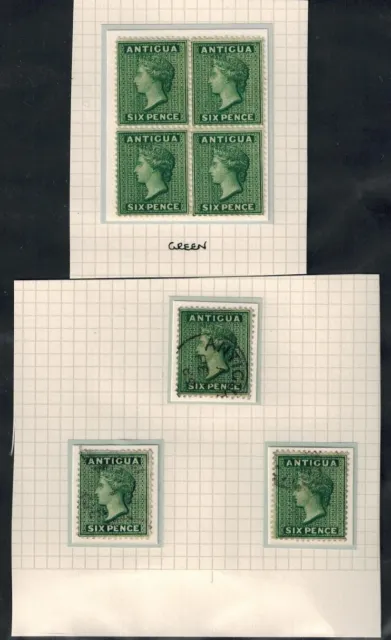 Antigua 1884-86 SG 29 6d Deep Green Mint Block of 4 & 3 Used Singles CV L600