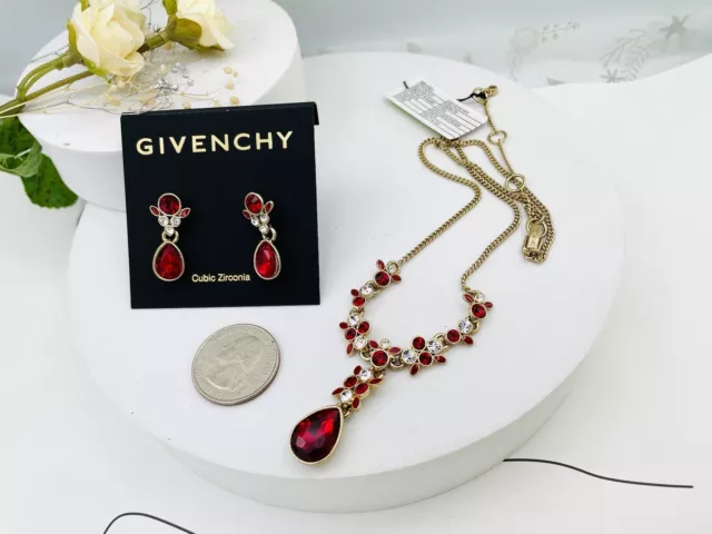 GIVENCHY Gold-Tone / Red Crystal Lariat Necklace & Earrings Set