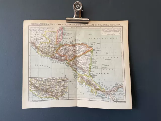 AMERICA centrale Rara stampa antica di mappa Brockhaus del 1900 SPEDIZIONE...
