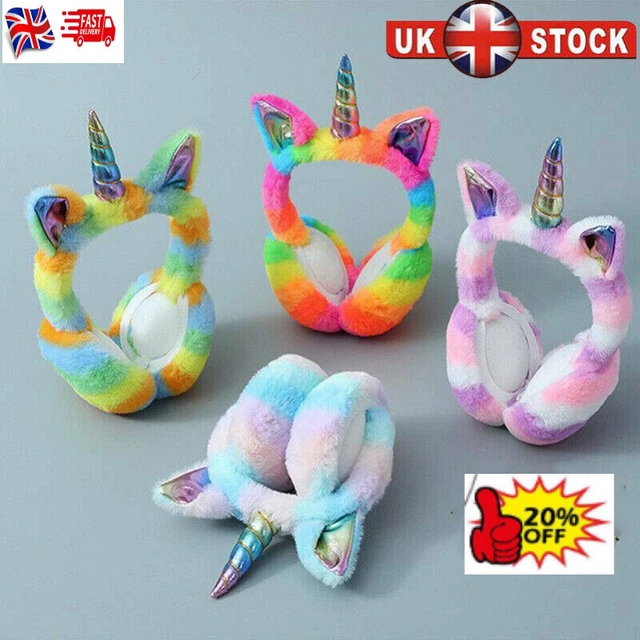Unicorn Rainbow Pink Blue Plush Faux Fur Warm Girls Ear Muffs Warmers Winter UK