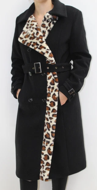 Femmes Manteau en Laine avec Ceinture Noir Fausse Fourrure Application Gr. 38