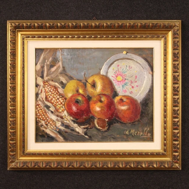 Cuadro bodegon pintura oleo sobre masonita marco estilo antiguo 900 firmado
