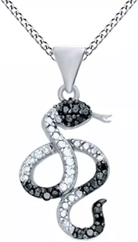 1/10ct Snake Pendant White & Black Real Diamond 925 Sterling Silver 18" Necklace