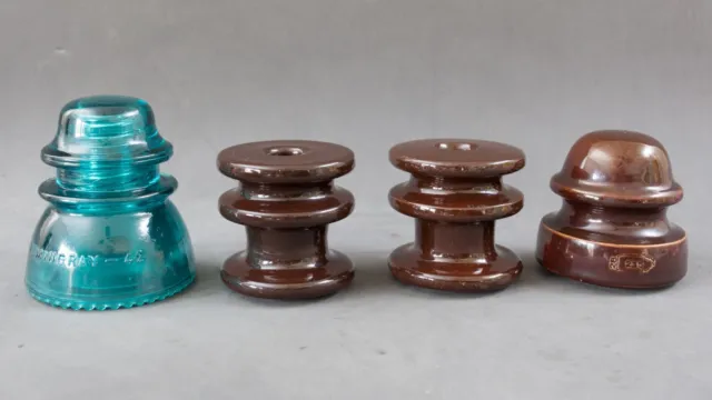 Vintage Glass and Ceramic Insulators Teal and Brown Lot of 4