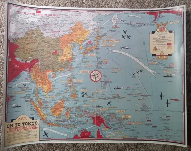 1944 ON TO TOKYO  Invasion Map of the Pacific and the Far East-Double Sided/COPY