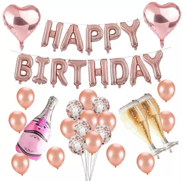 Rose Gold Birthday Party Decorations Set with Happy Birthday Balloons Banner
