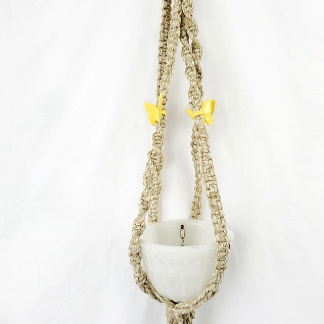 Vintage Macrame Plant Hanger Butterfly Beads Retro Hippie Bohemian Decor