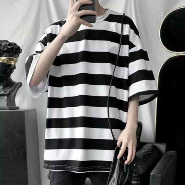 Men Crew Neck Short Sleeve Wide Striped T-Shirts Casual Loose Blouse Tee Tops 2