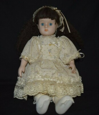 Porcelain Girl Brunette Doll W/Cream Dress Flowers, Bows, Lace 13"