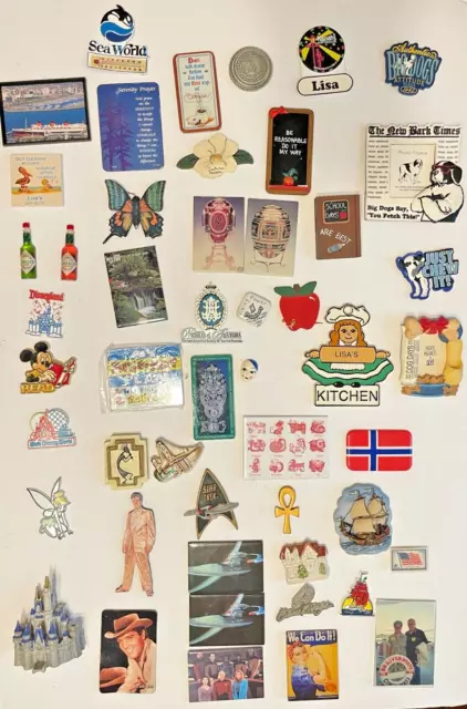 Lot 50 Fridge Magnets Disney Star Trek Elvis Tabasco Dogs Boats Travel Souvenirs