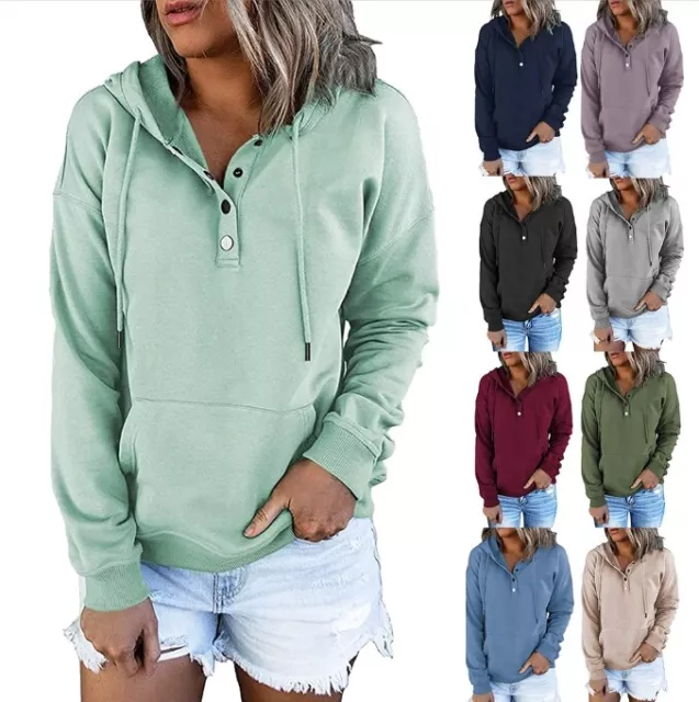 Womens Long Sleeve Hooded Sweatshirt Casual Loose Hoodies Buttons Pullover Tops