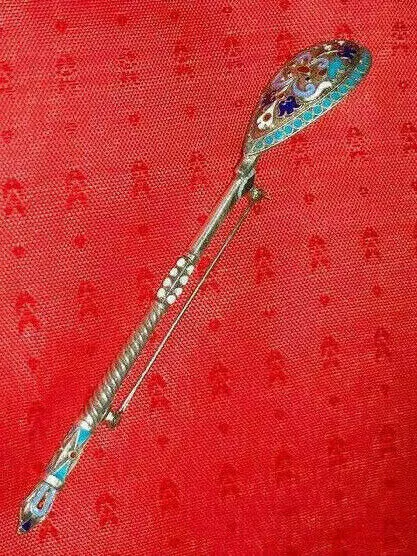 Unique Cloisonne Russian Imperial Silver 84 Enamel Brooch Spoon Antique Souvenir