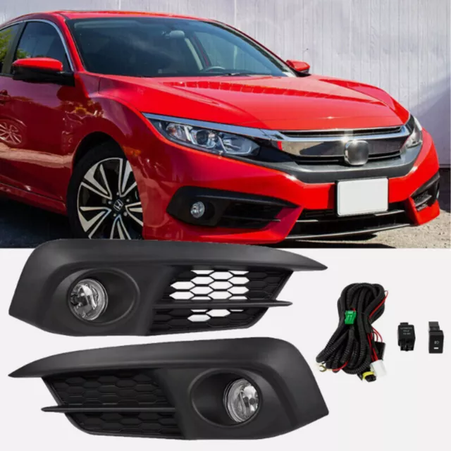 For 2016 2017 2018 Honda Civic Sedan Front Bumper Pair Fog Lights Lamps w/Cover