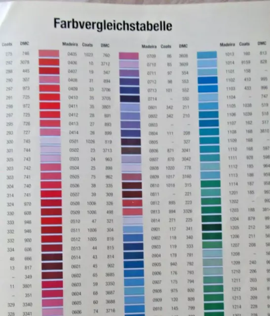 Farbvergleichstabelle für DMC-Anchor-Madeira - rund 360 Farben + 101 Stickmotive